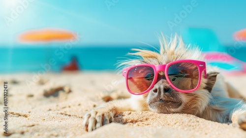  A small dog in pink sunglasses relaxes on a sandy beach against a backdrop of a blue sky and orange umbrellas