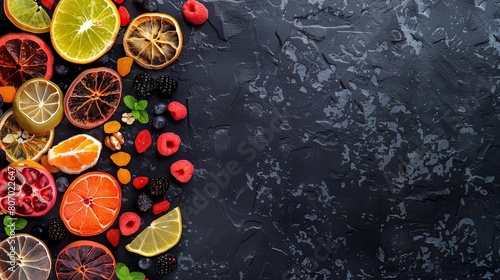 Beautiful mixture of dried fruits on a dark stone background. Food advertising. Banner, menu.