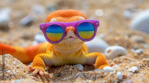 A tight shot of a mini toy lizard donning sunglasses on a sandy seashore, encircled by shells and stones
