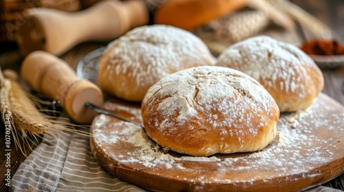  A couple of loaves of bread on a wooden cutting board Nearby, a whisk holding powdered sugar