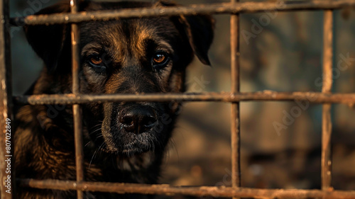 A sad dog in a cage. Concept of a street dog in kennel after being abandoned by the owner.