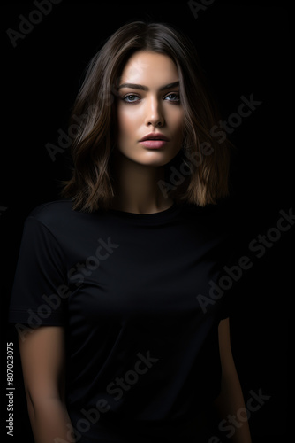 Portrait of a beautiful young woman wearing a black T-shirt and sunglasses