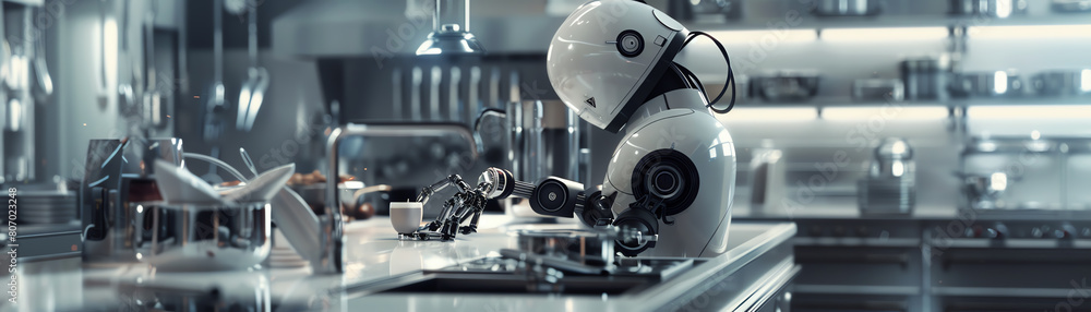 Illustrate an eye-level perspective of a cyborg chef in a high-tech kitchen Illustrate an eye-level perspective of a cyborg chef in a high-tech kitchen