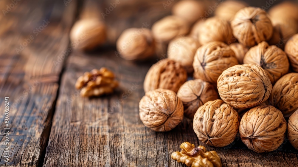 Two piles of walnuts on separate wooden tables Two piles of walnuts on separate wooden tables