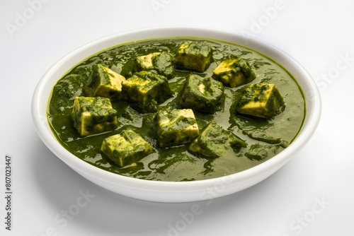 Green spinach gravy with soft paneer cubes, presented in a clean white bowl on a white backdrop