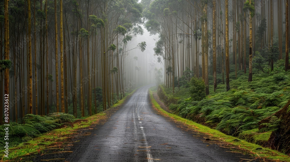   A forest road, flanked by trees, is veiled in fog