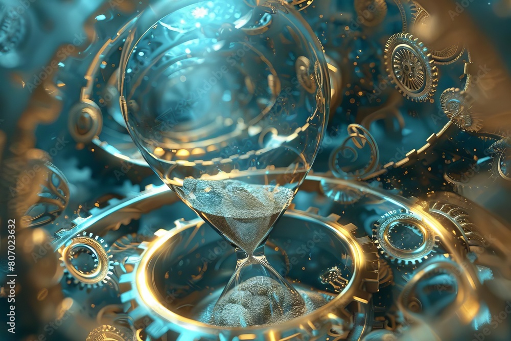 An abstract image showing gears inside an hourglass, rotating as the sand falls through