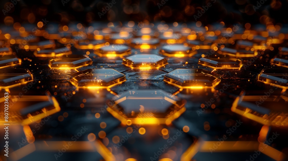 Fototapeta premium Abstract background featuring a detailed view of hexagonal shapes with glowing orange lights, symbolizing a high-tech digital network. Suitable for tech presentations, digital wallpaper.