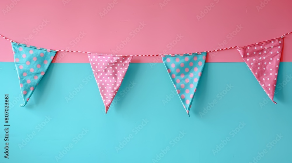   A pink and blue wall adorned with polka dot pennants in pink and white These pennants hang evenly from a single line on the wall