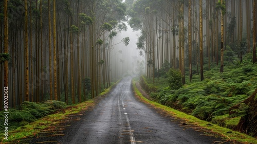   A forest road  flanked by trees  is veiled in fog
