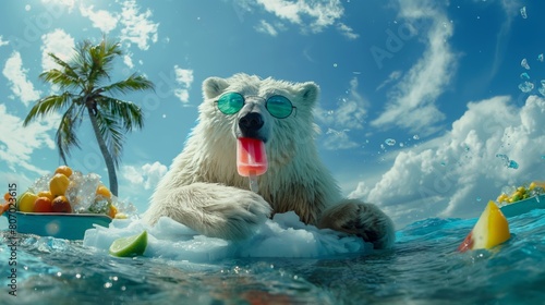 Polar bear humorously depicted with sunglasses on a melting ice floe, eating a popsicle in tropical waters. Global warming and climate change concept.