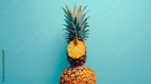  A pineapple atop a blue background, biten from the top