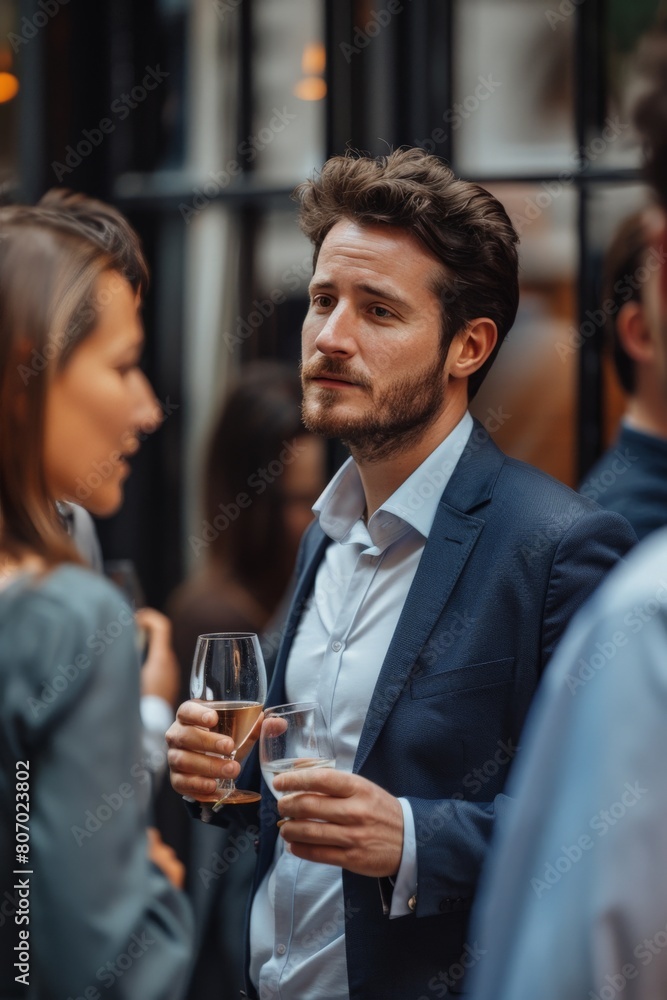 A man in a suit is holding a glass of wine and looking at another man