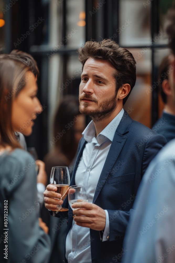 A man in a suit is holding a glass of wine and looking at another man A man in a suit is holding a glass of wine and looking at another man
