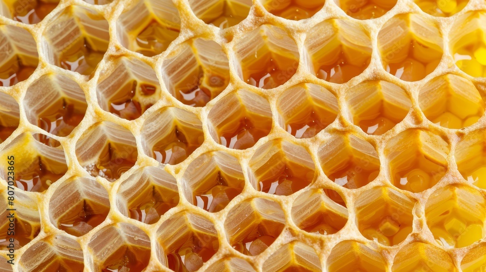   A close-up of a honeycomb with numerous honeycomb cells at its core