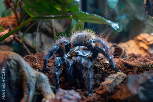 Domesticated Tarantula in a Well-Equipped Terrarium Exhibiting Essential Care For Spiders