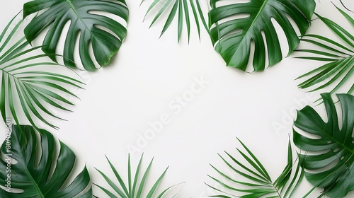  Group of green palms against a pristine white backdrop Text space in the image's center