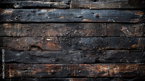  A tight shot of weathered wood, stained black and exhibiting flaking paint along its edge