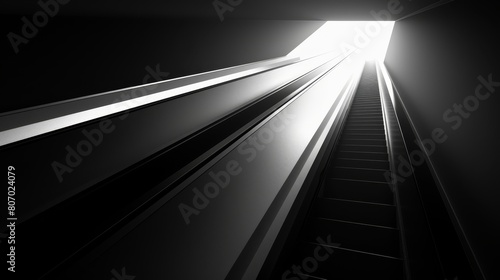   A monochrome image of a staircase ascending into a bright beacon amidst darkness