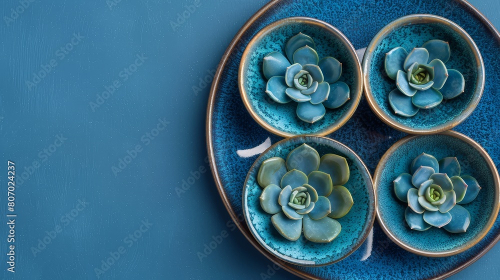 A blue table holds a blue plate bearing four succulents The scene is adjacent to a blue wall A blue table holds a blue plate bearing four succulents The scene is adjacent to a blue wall