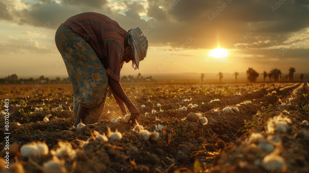 Fototapeta premium A woman is working in a field of garlic