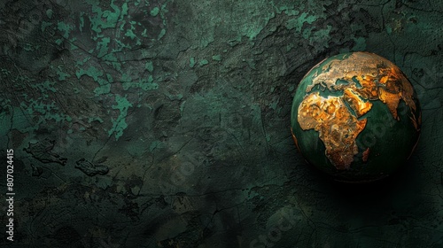  A tight shot of a green-brown Earth globe against a backdrop of a green and black textured wall, displaying peeling paint