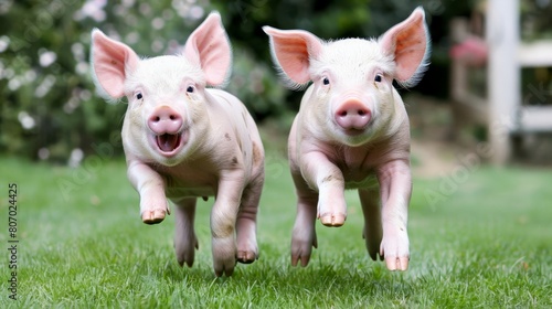   Two tiny pigs joyfully frolic in the grass, turning their heads and appearing delighted