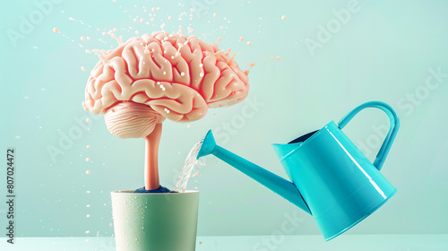 Wallpaper Mural Human brain growing form a house plant pot blue watering can pouring water over it. Symbol for learning education development psychology neuroscience Torontodigital.ca