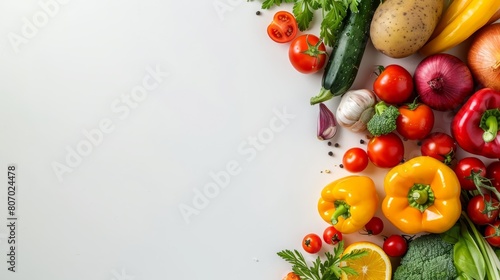   A pristine white background hosts an array of vibrant  fresh vegetables An empty zone lies at its heart