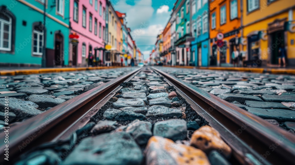   A train track runs past a row of multicolored buildings in a small town on a cloudy day