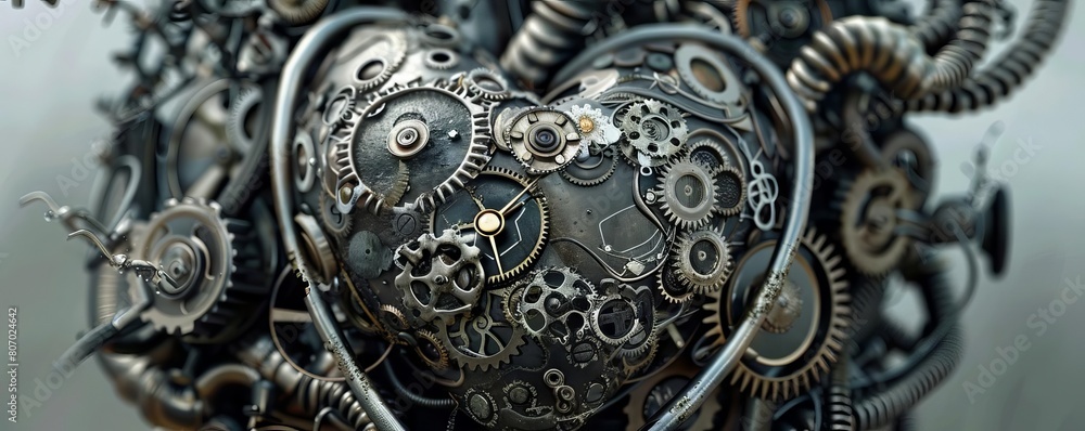 An artistic interpretation of a human heart made entirely of clock gears and springs, symbolizing time and life