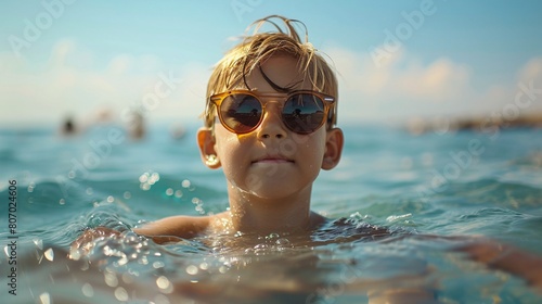 Funny young boy in sunglasses swimming in the sea, full of summer fun and splashes © growth.ai