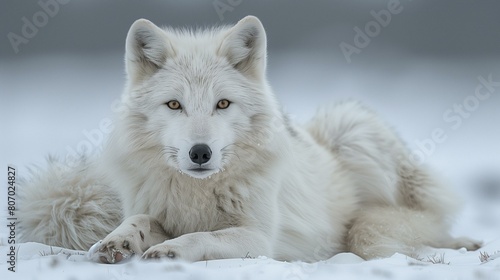 Resting arctic fox in snow, scavenging opportunistic solitary territorial monogamous photo