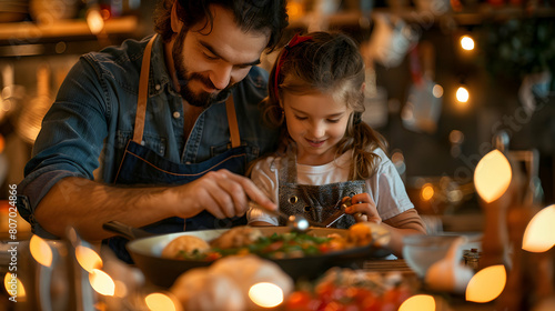 A father and daughter share a special cooking session  bonding over preparing a Father s Day meal   Photo realistic concept for Adobe Stock.