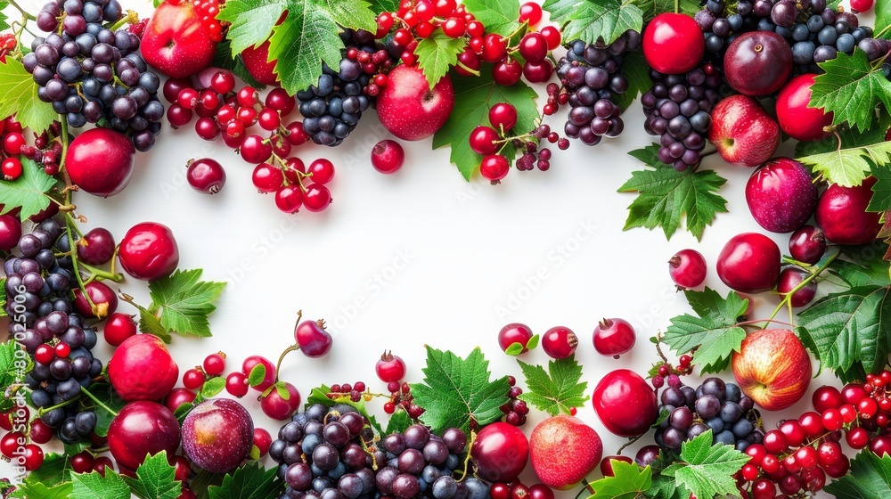 A heart-shaped arrangement of grapes, apples, cherries, and other fruits against a white background A heart-shaped arrangement of grapes, apples, cherries, and other fruits against a white background
