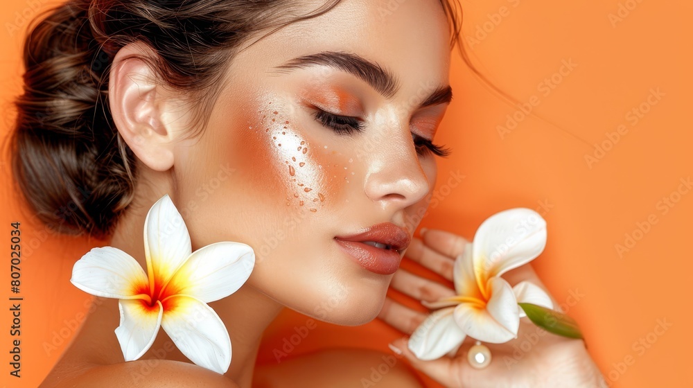 A woman holds a flower near her face against an orange background, flowers in hand and before face A woman holds a flower near her face against an orange background, flowers in hand and before face