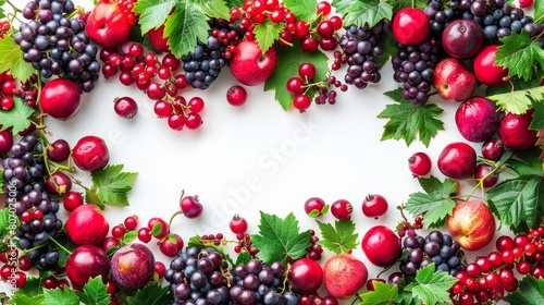  A heart-shaped arrangement of grapes, apples, cherries, and other fruits against a white background