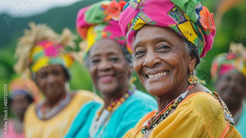 three elderly black women wearing colorful traditional caribbean turbans smile, tradition travel woman caribbean culture caribbean people photo