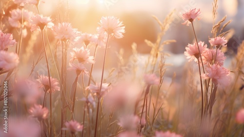 Beautiful pink flowers in the meadow at sunset. Nature background