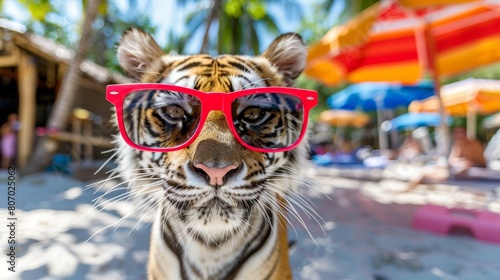   A tight shot of a tiger donning red glasses  surrounded by palm trees  and individuals in the distance