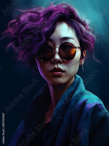 Vibrant Portrait Of A Stylish Woman With Purple Hair And Sunglasses. Perfect Blend Of Modern Art And Urban Fashion.