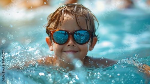 Funny young boy in sunglasses swimming in the sea, full of summer fun and splashes