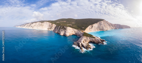 Aerial view of Lefkada island Greece. Beautiful beach unique rocky cliffs turquoise blue water bay in the greek spectacular coast line. Summer top travel destination