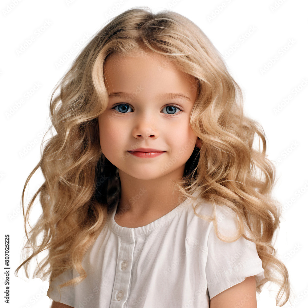 Portrait of a little girl with curly long blonde hair style, happy smiling, isolated on transparent background Portrait of a little girl with curly long blonde hair style, happy smiling, isolated on transparent background