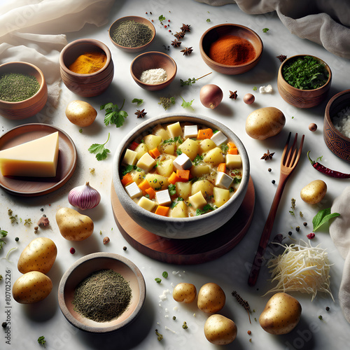 Bhutanese Kewa Datshi Dish with Fresh Herbs on Marble Counter photo