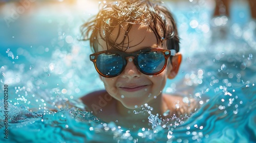 Funny young boy in sunglasses swimming in the sea  full of summer fun and splashes