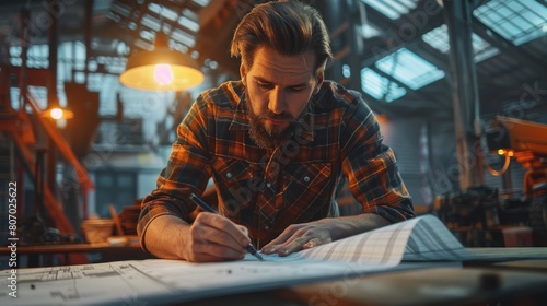 A professional engineer meticulously crafts a project work plan for designing houses and industrial buildings on a bustling construction site.