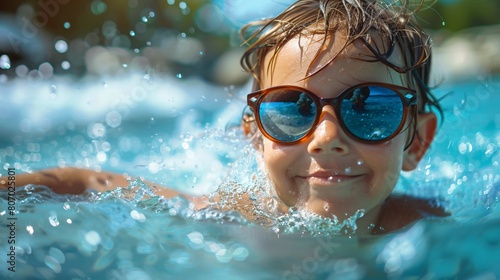Funny young boy in sunglasses swimming in the sea, full of summer fun and splashes