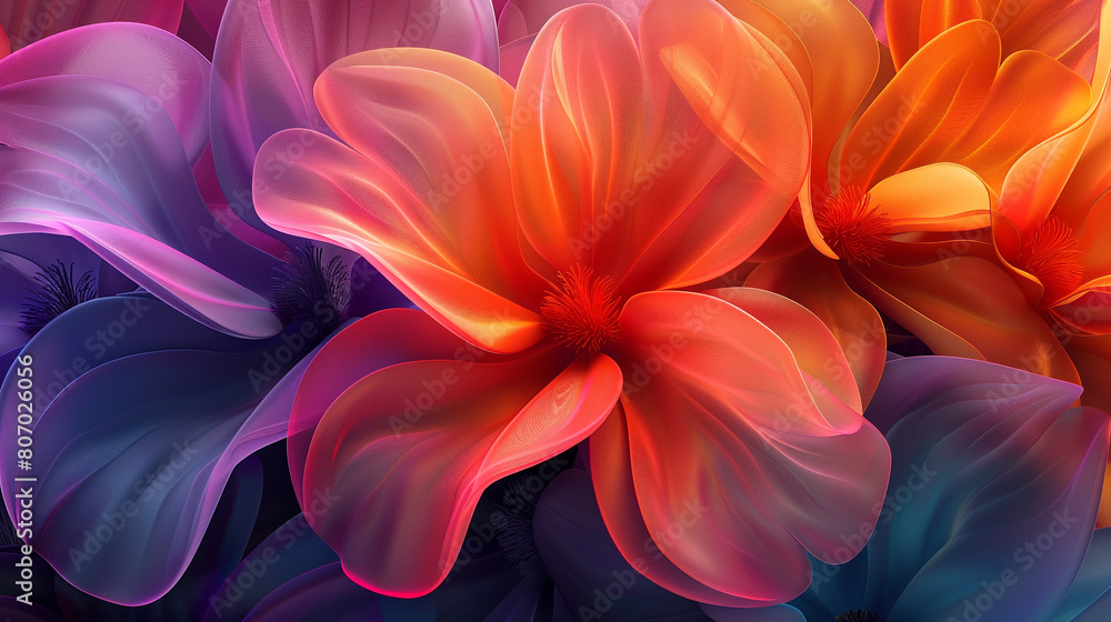 Bold abstract background with overlapping floral shapes in neon colors.