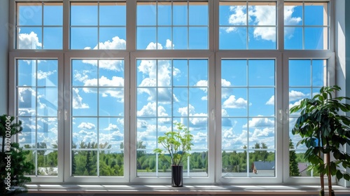 A room featuring a large window and a potted plant placed on a wooden floor.